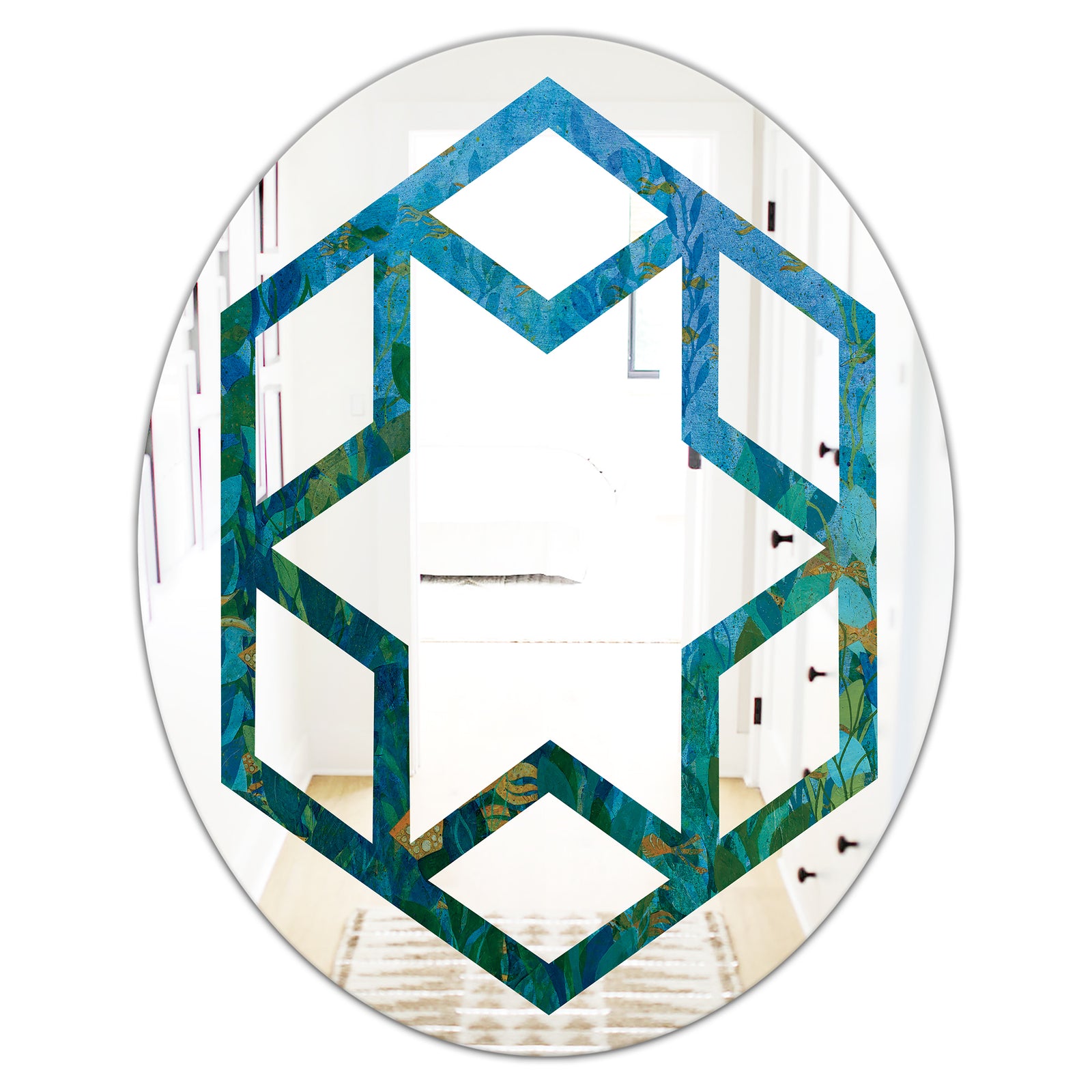 Blue Underwater Lake leaves II - Modern Round or Oval Wall Mirror - Hexagon Star