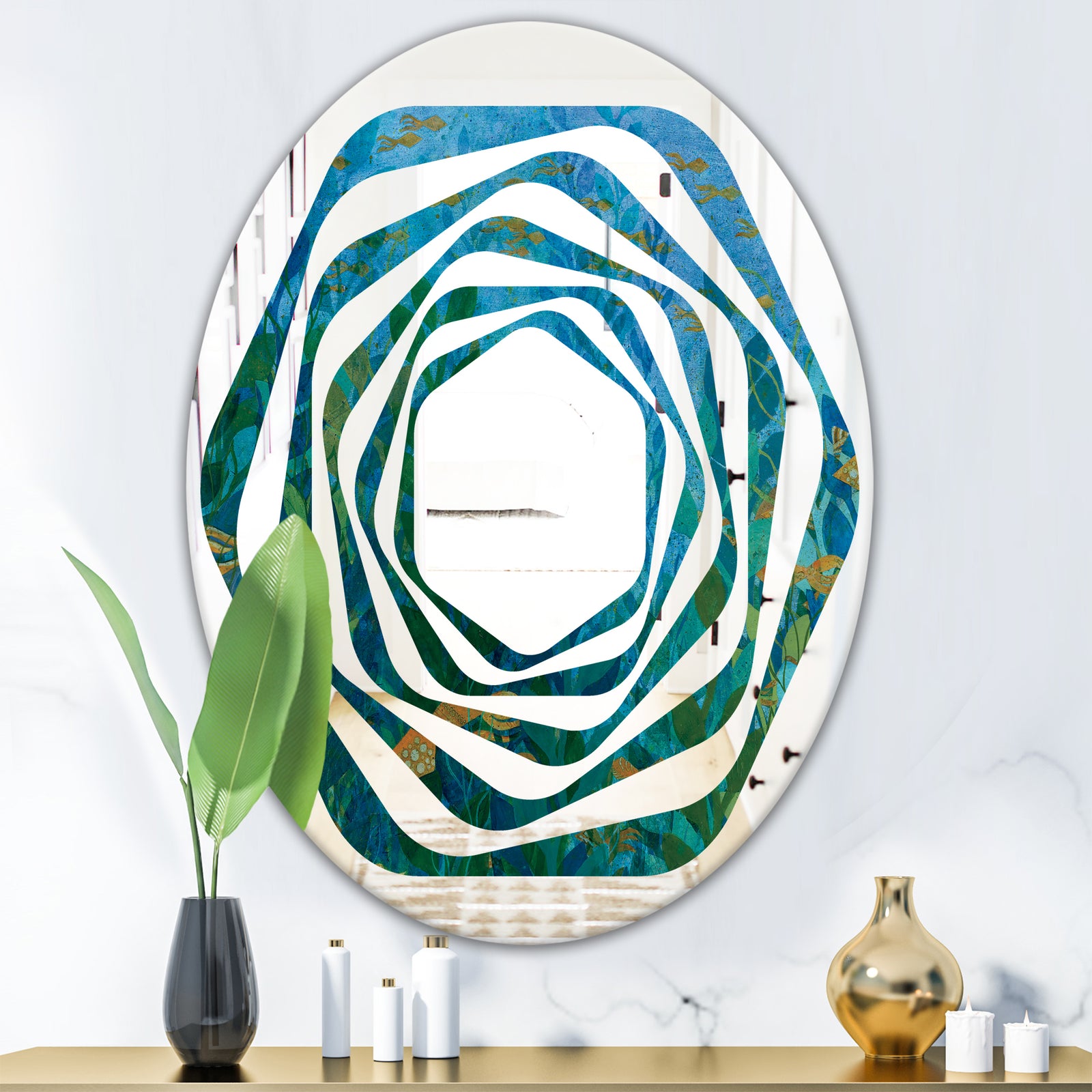 Blue Underwater Lake leaves II - Modern Round or Oval Wall Mirror - Whirl