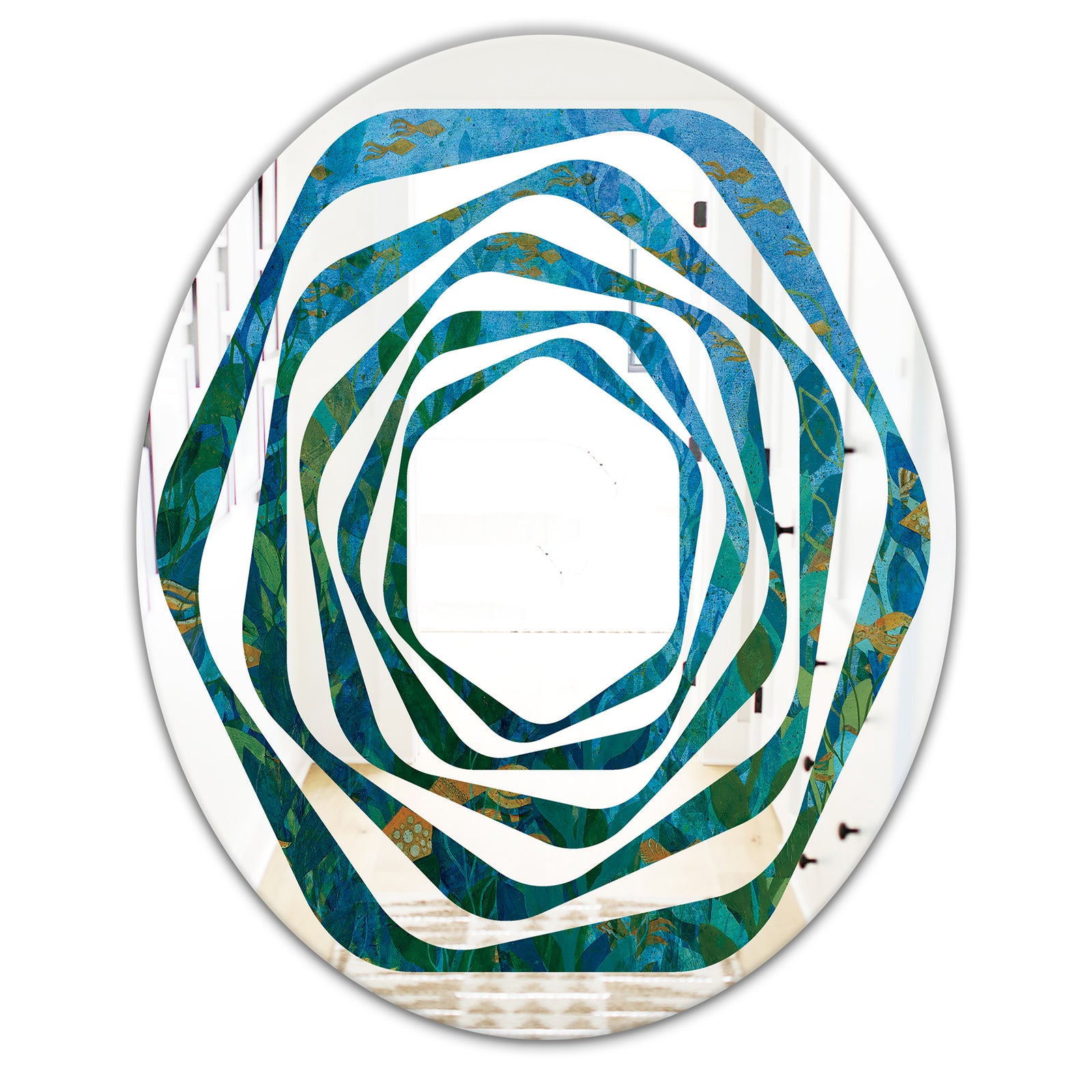 Blue Underwater Lake leaves II - Modern Round or Oval Wall Mirror - Whirl