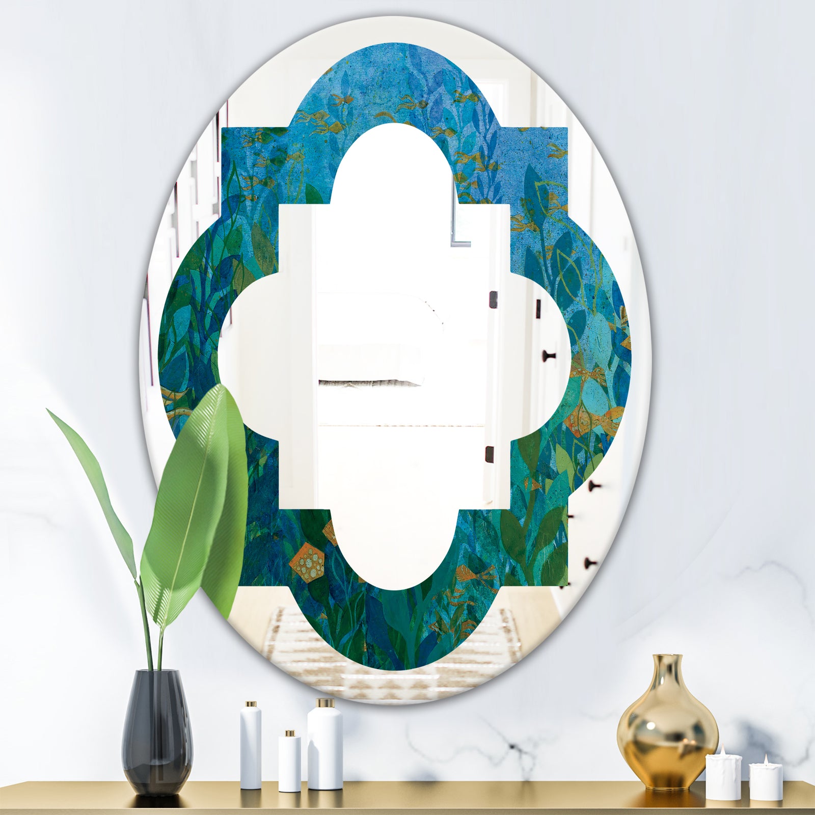 Blue Underwater Lake leaves II - Modern Round or Oval Wall Mirror - Quatrefoil
