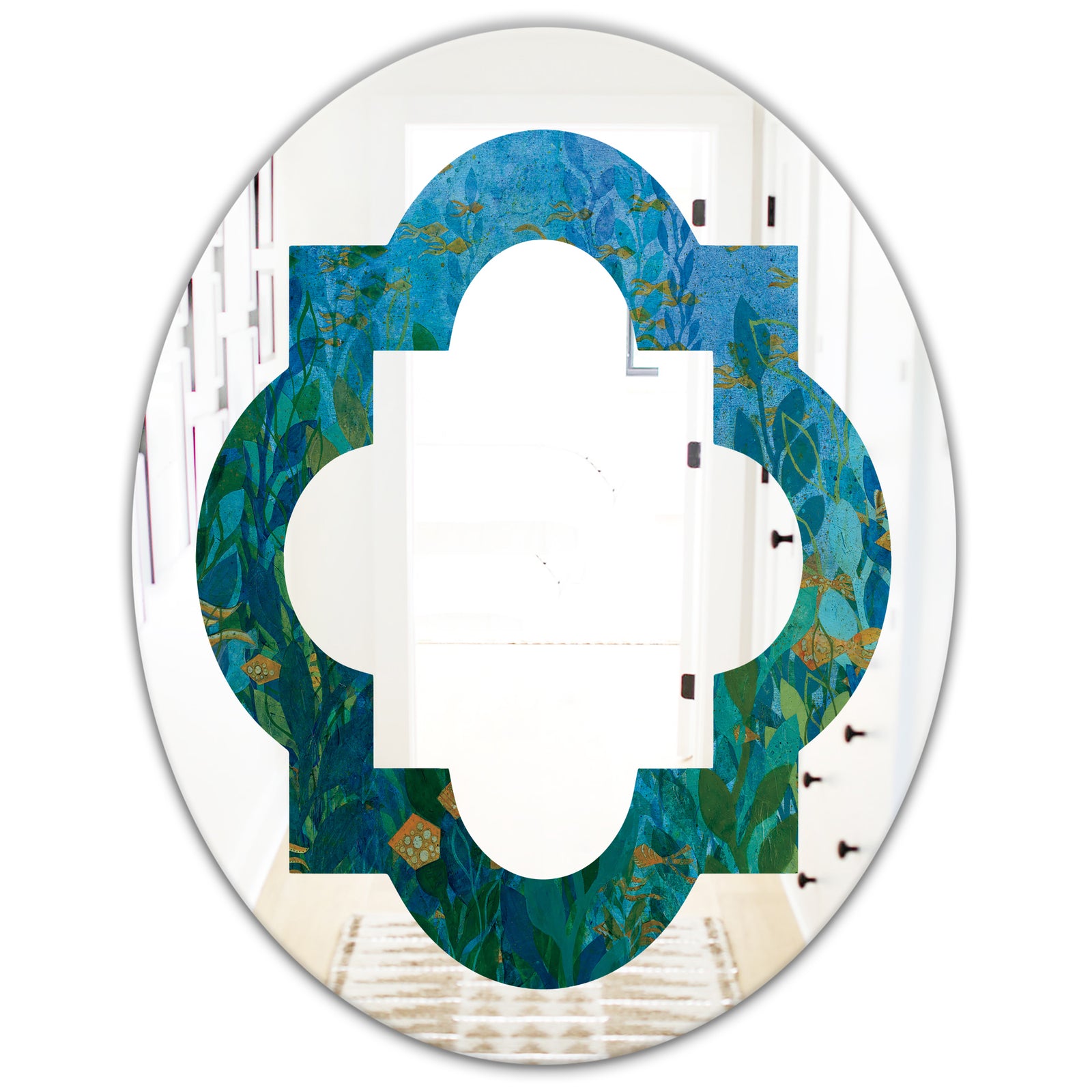 Blue Underwater Lake leaves II - Modern Round or Oval Wall Mirror - Quatrefoil