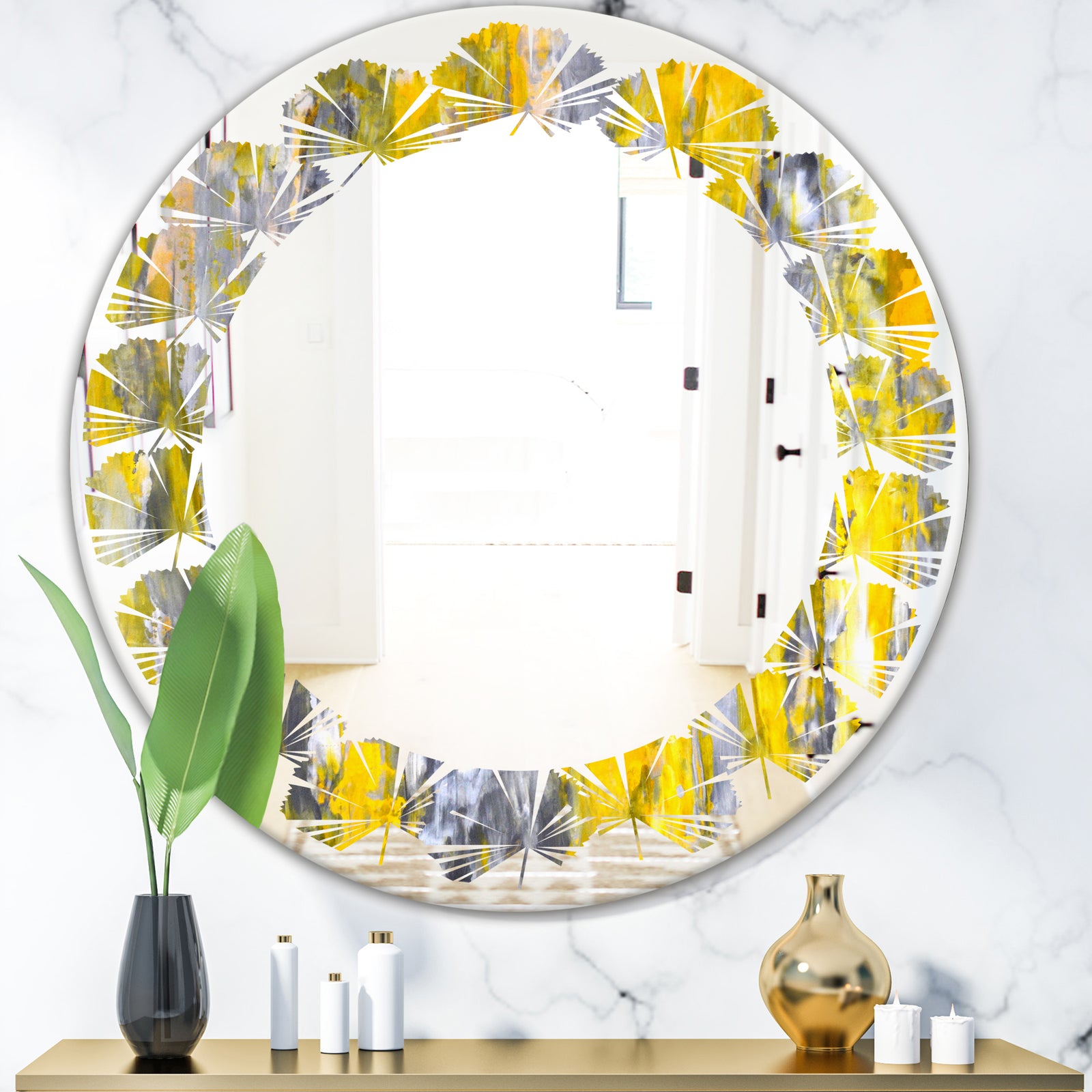 Grey and Yellow Abstract Pattern - Modern Round or Oval Wall Mirror - Leaves