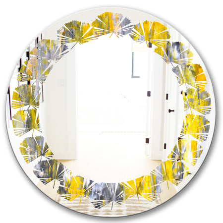 Grey and Yellow Abstract Pattern - Modern Round or Oval Wall Mirror - Leaves