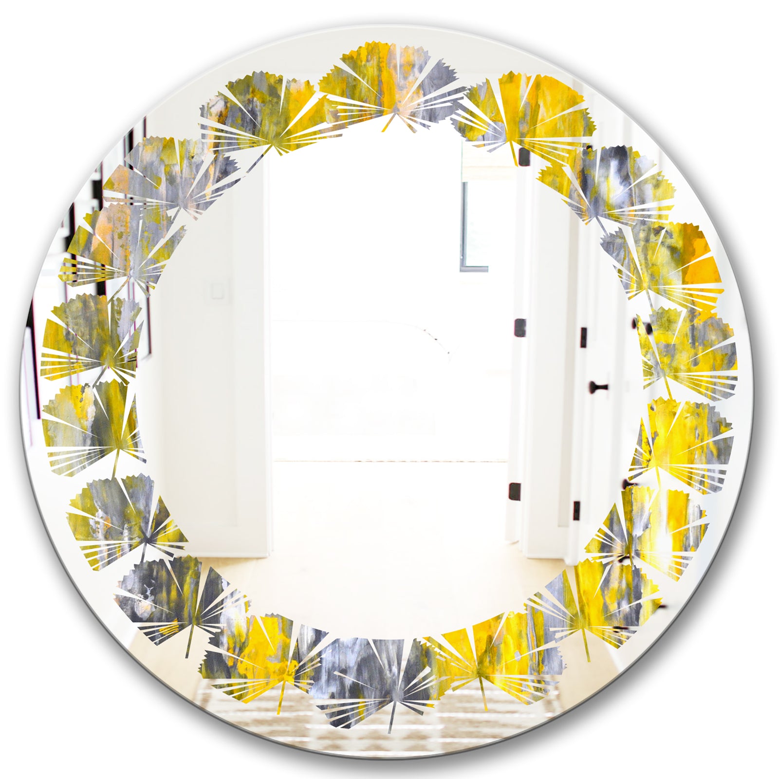 Grey and Yellow Abstract Pattern - Modern Round or Oval Wall Mirror - Leaves