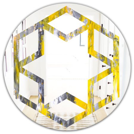 Grey and Yellow Abstract Pattern - Modern Round or Oval Wall Mirror - Hexagon Star