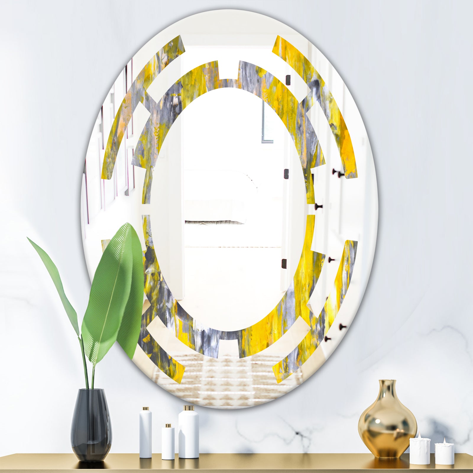 Grey and Yellow Abstract Pattern - Modern Round or Oval Wall Mirror - Space