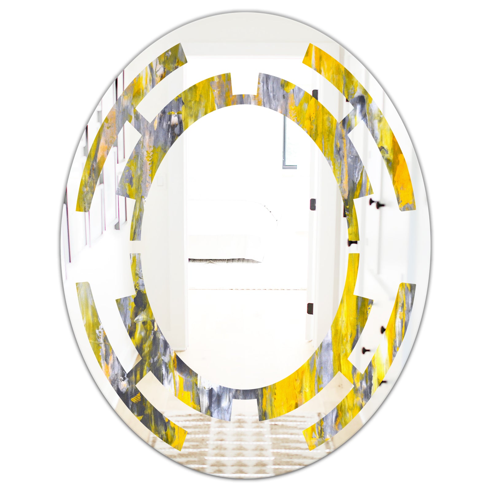 Grey and Yellow Abstract Pattern - Modern Round or Oval Wall Mirror - Space