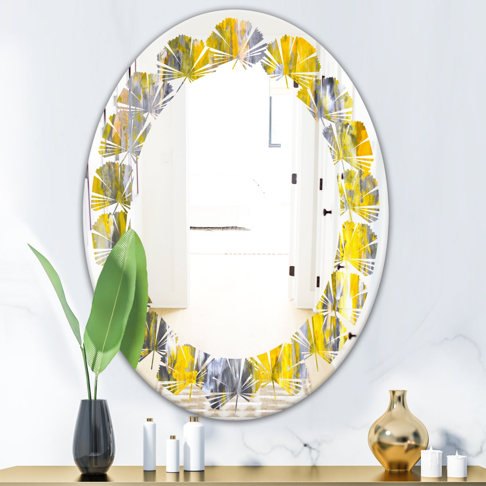Grey and Yellow Abstract Pattern - Modern Round or Oval Wall Mirror - Leaves