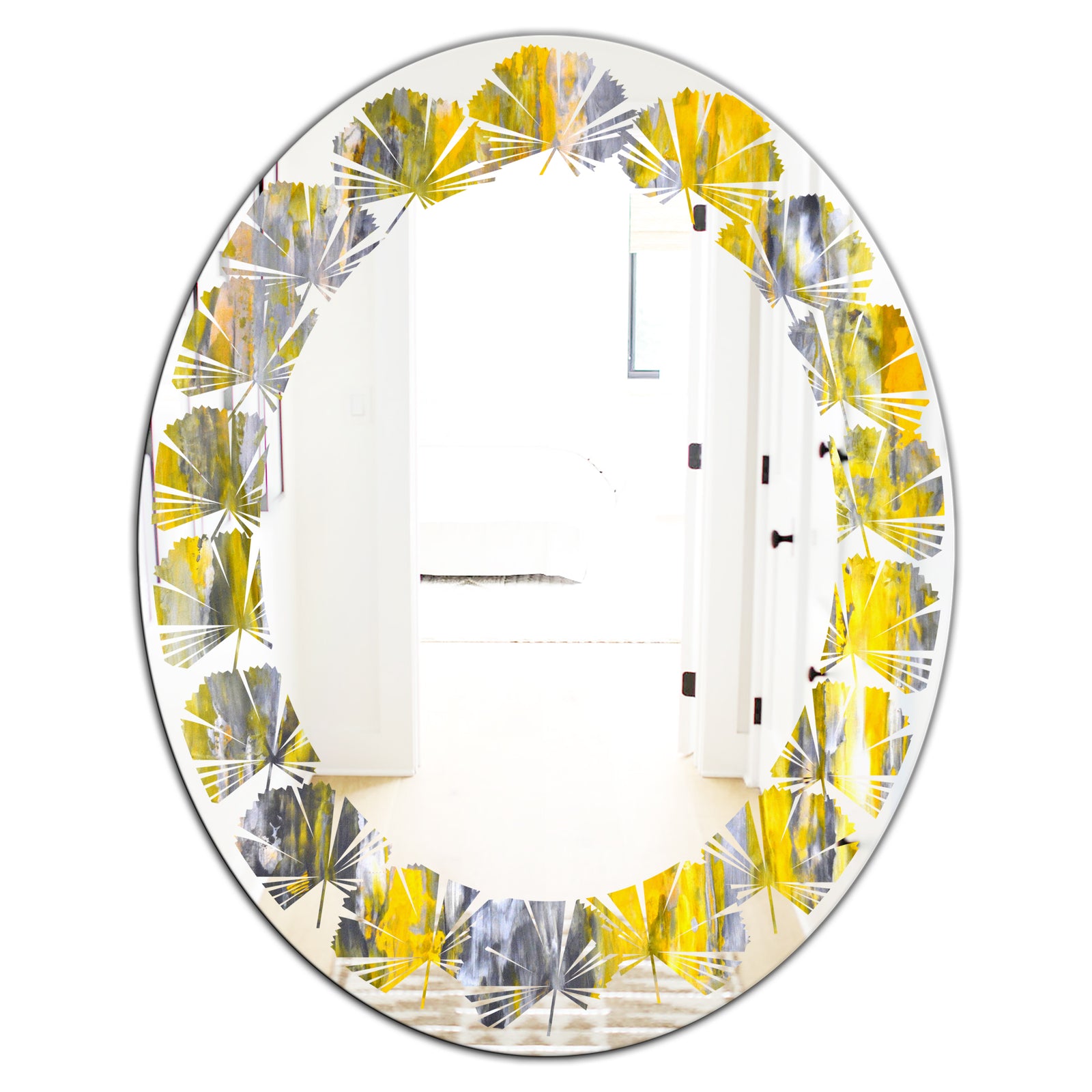 Grey and Yellow Abstract Pattern - Modern Round or Oval Wall Mirror - Leaves