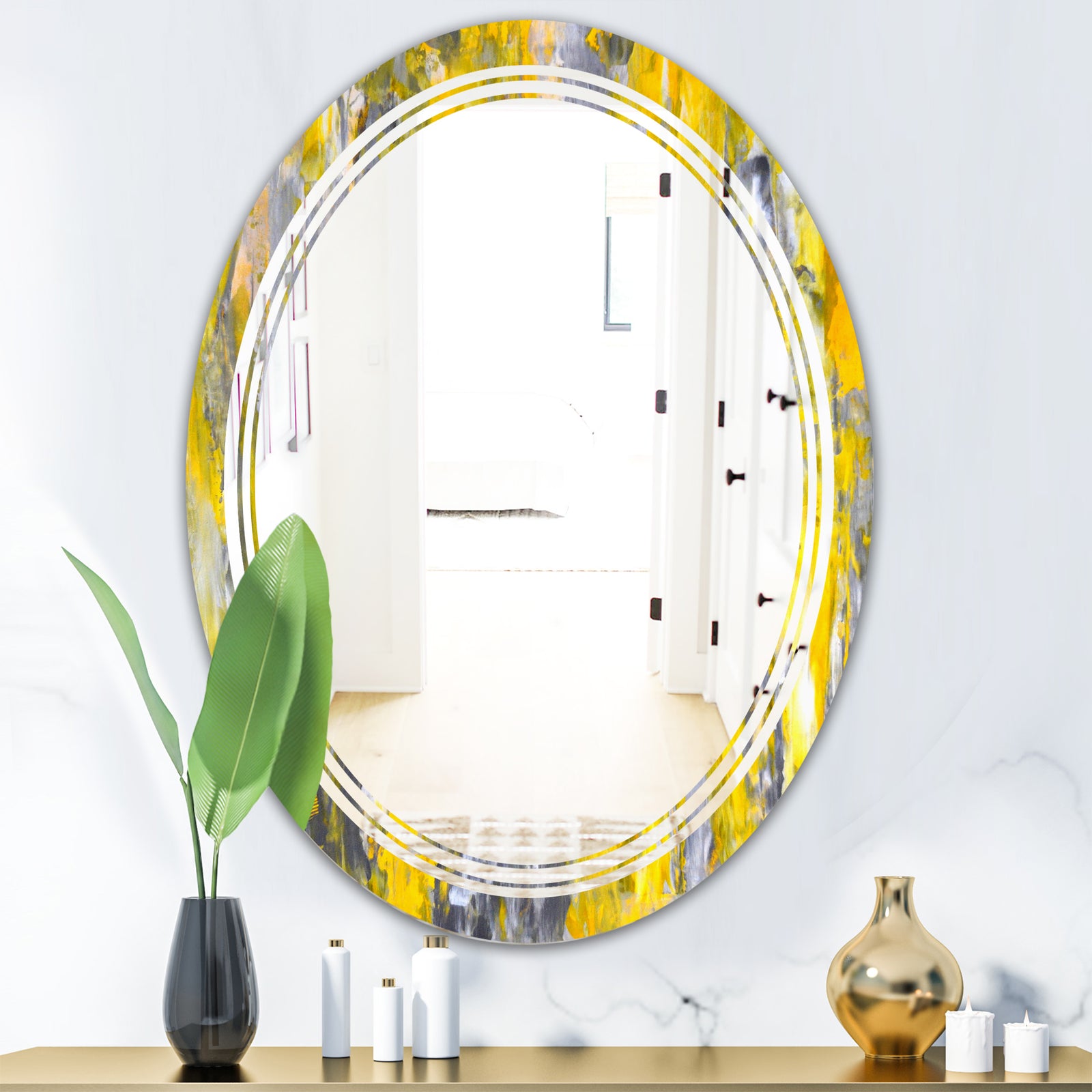 Grey and Yellow Abstract Pattern - Modern Round or Oval Wall Mirror - Triple C