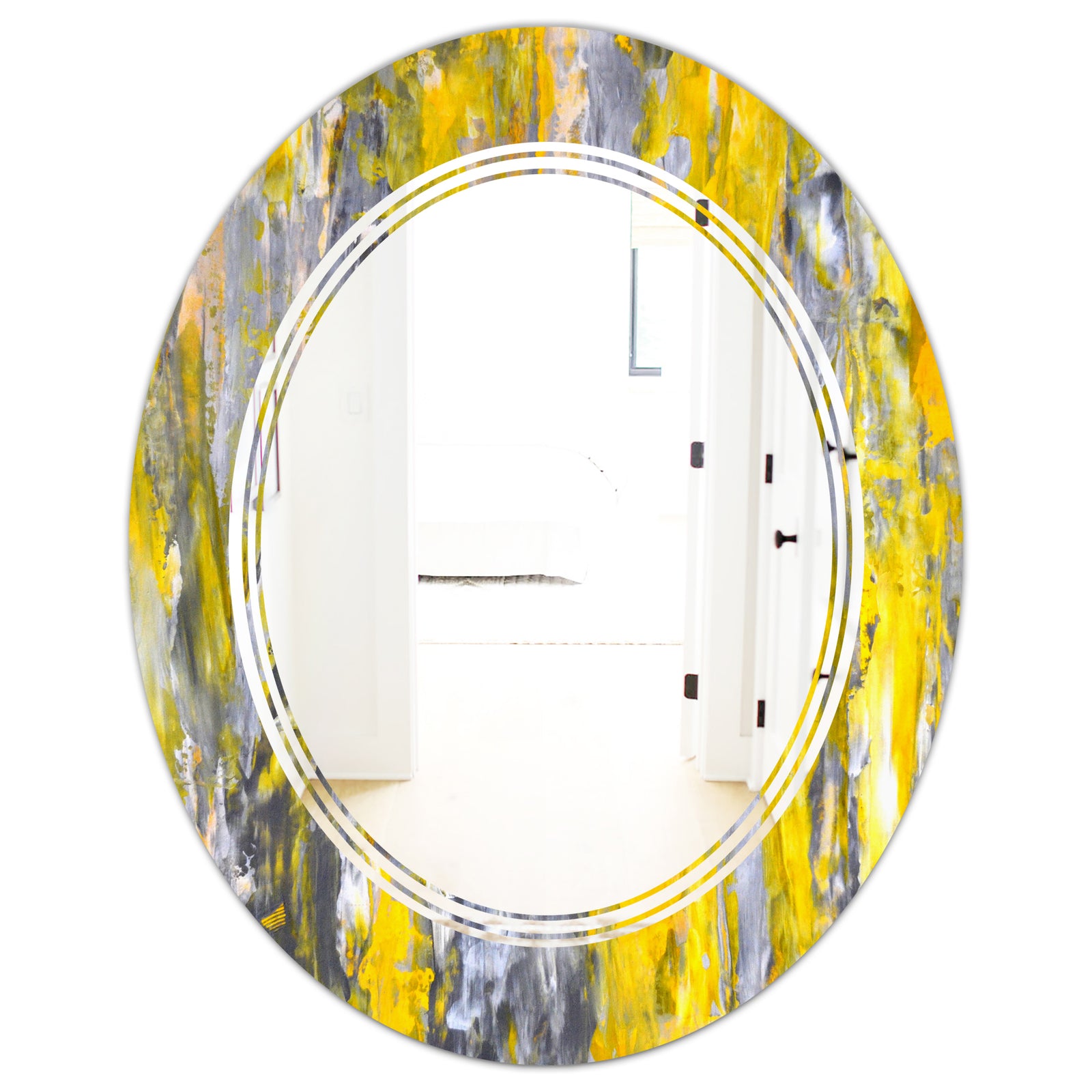 Grey and Yellow Abstract Pattern - Modern Round or Oval Wall Mirror - Triple C