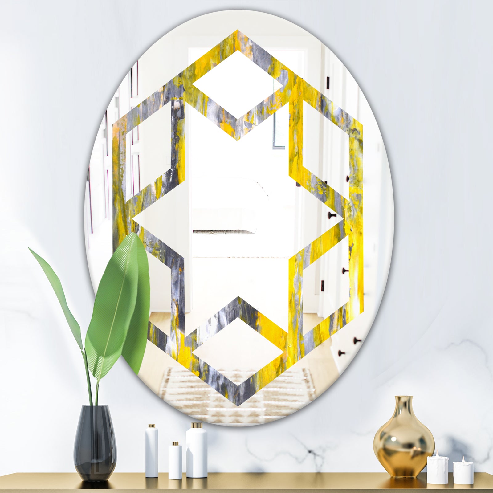 Grey and Yellow Abstract Pattern - Modern Round or Oval Wall Mirror - Hexagon Star