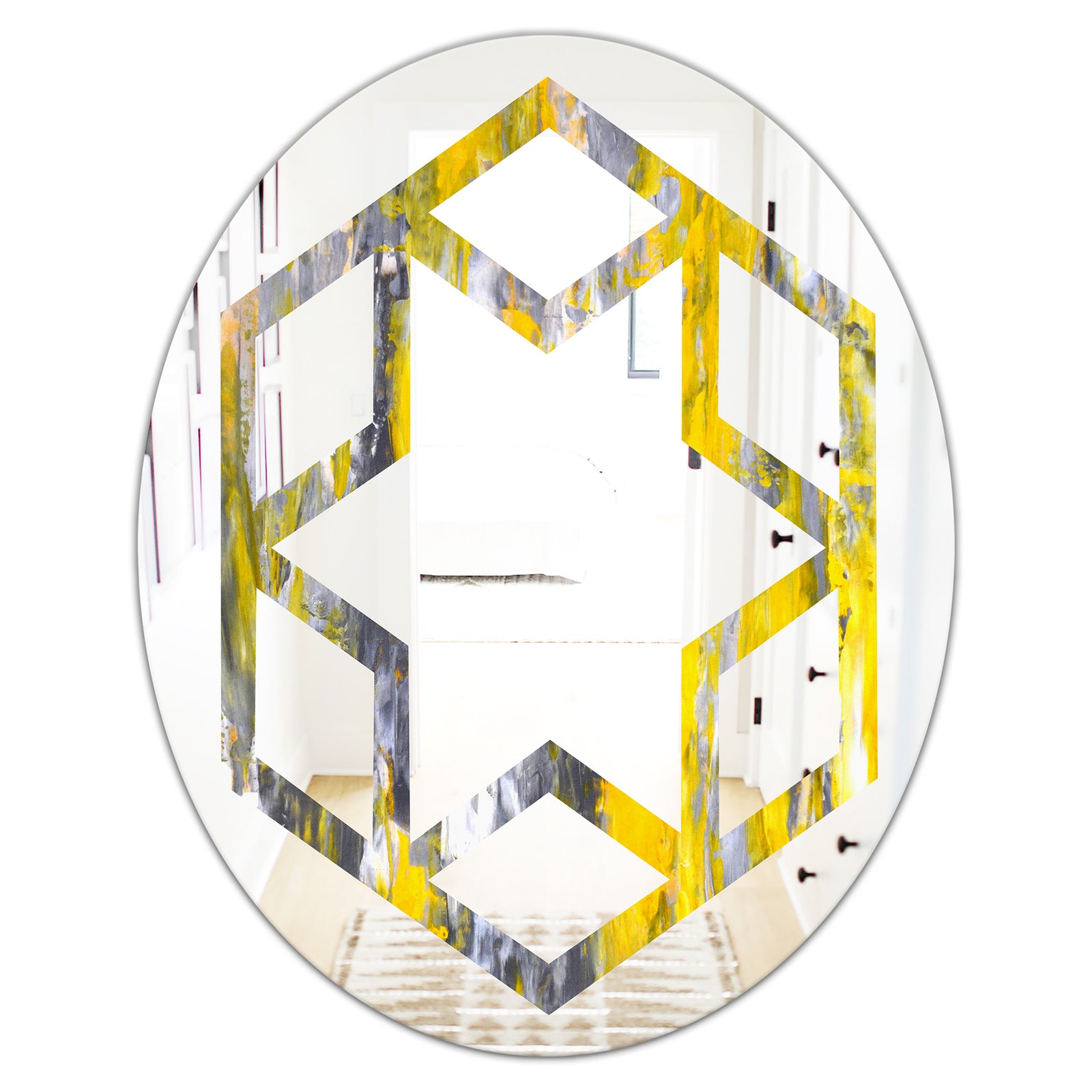 Grey and Yellow Abstract Pattern - Modern Round or Oval Wall Mirror - Hexagon Star
