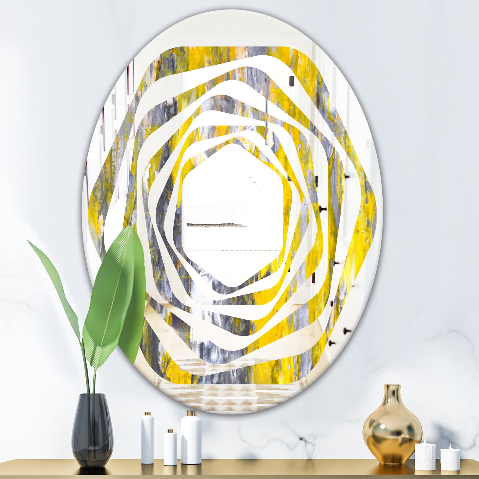Grey and Yellow Abstract Pattern - Modern Round or Oval Wall Mirror - Whirl