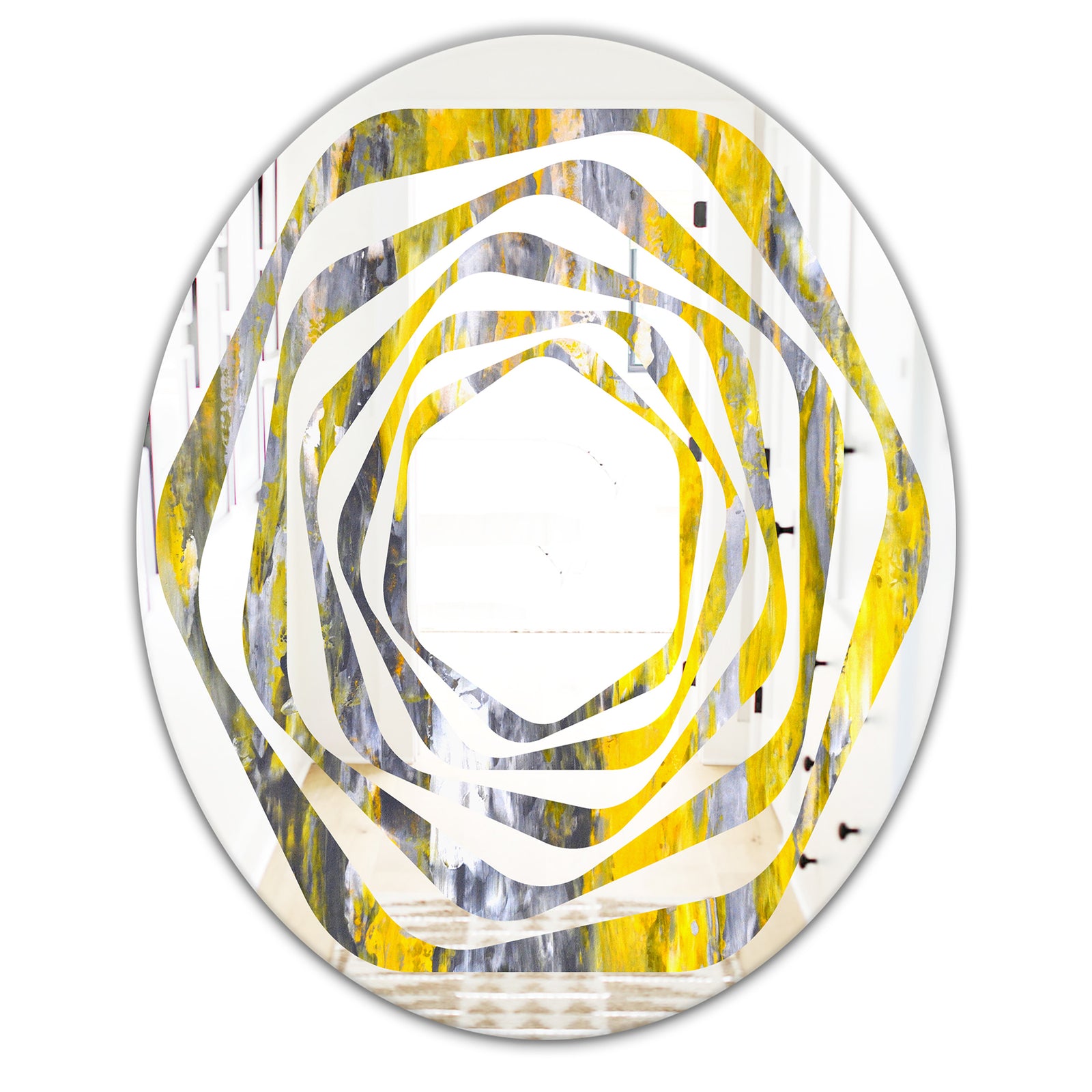 Grey and Yellow Abstract Pattern - Modern Round or Oval Wall Mirror - Whirl