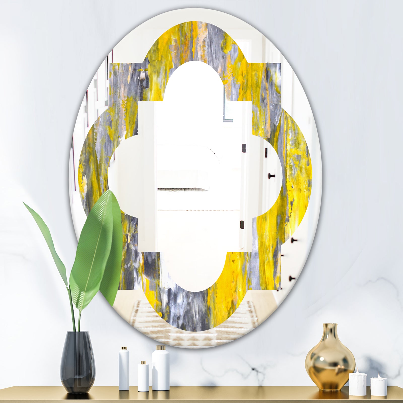 Grey and Yellow Abstract Pattern - Modern Round or Oval Wall Mirror - Quatrefoil