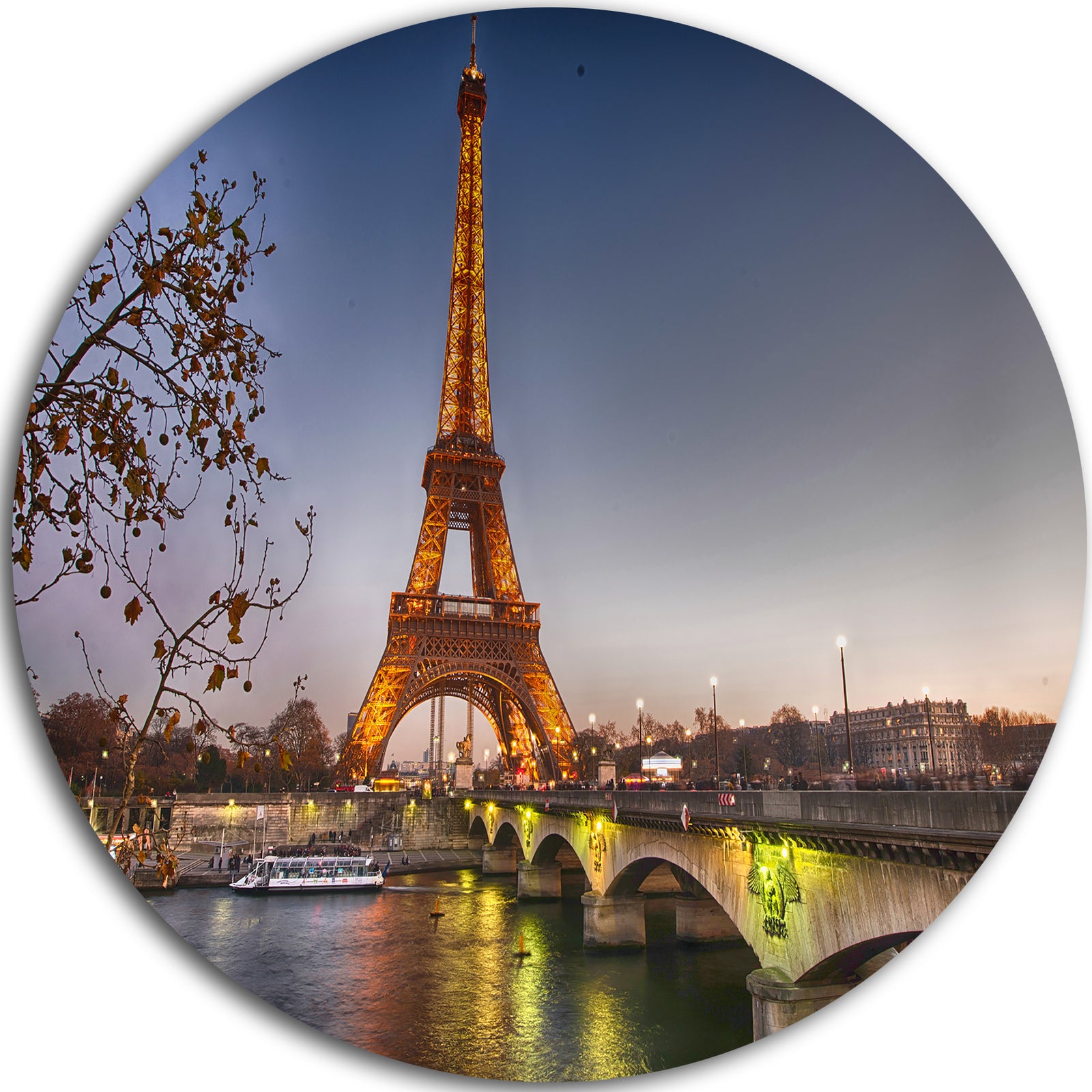 Beautiful View of Paris Eiffel Tower with Bridge - Cityscape Disc Metal Wall Art