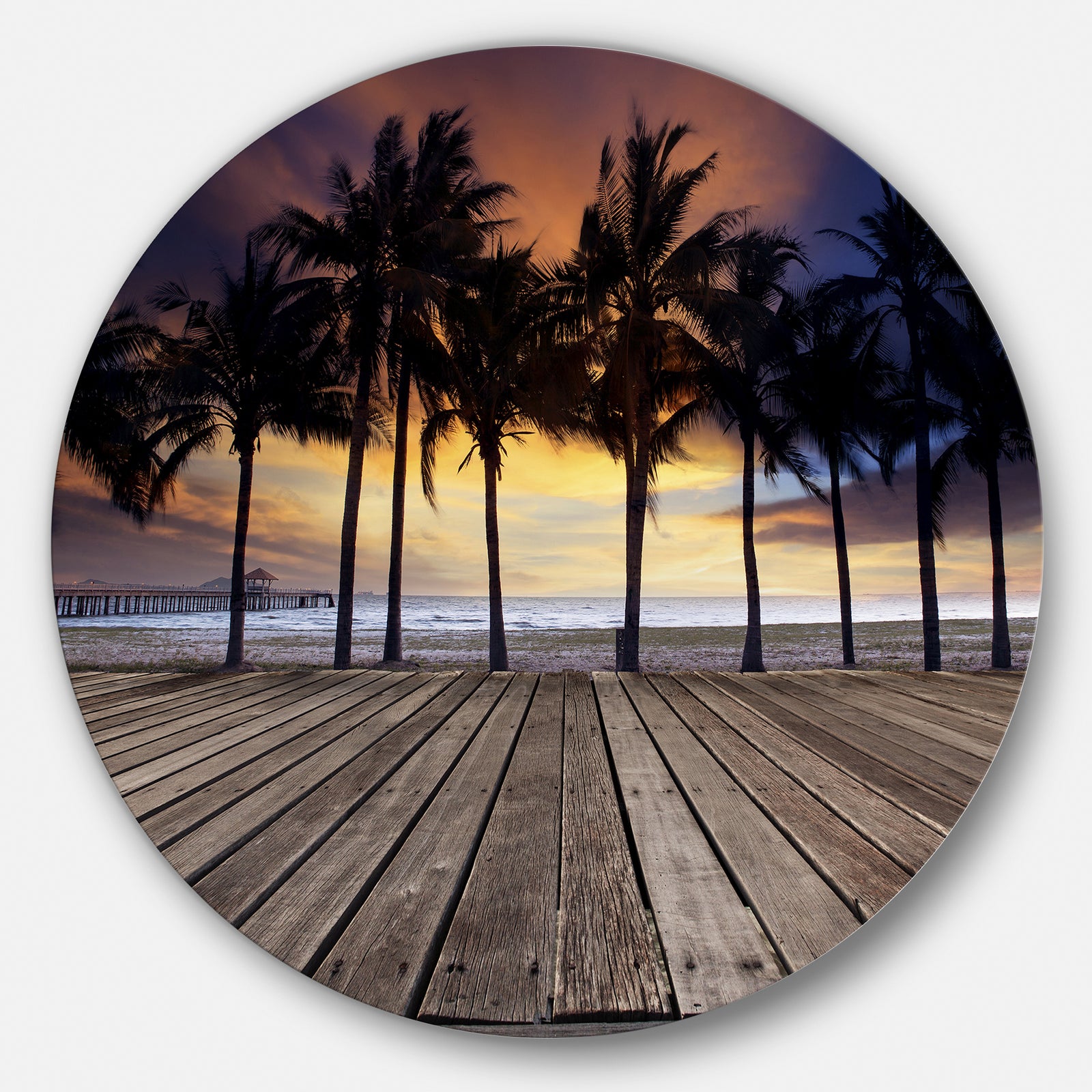 Old Wood Terrace on Sea Beach - Modern Landscape Circle Wall Art