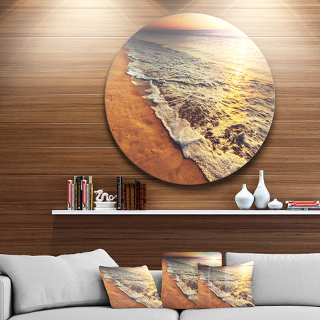 Foaming Waves at Sea Sunset - Modern Beach Round Metal Wall Art