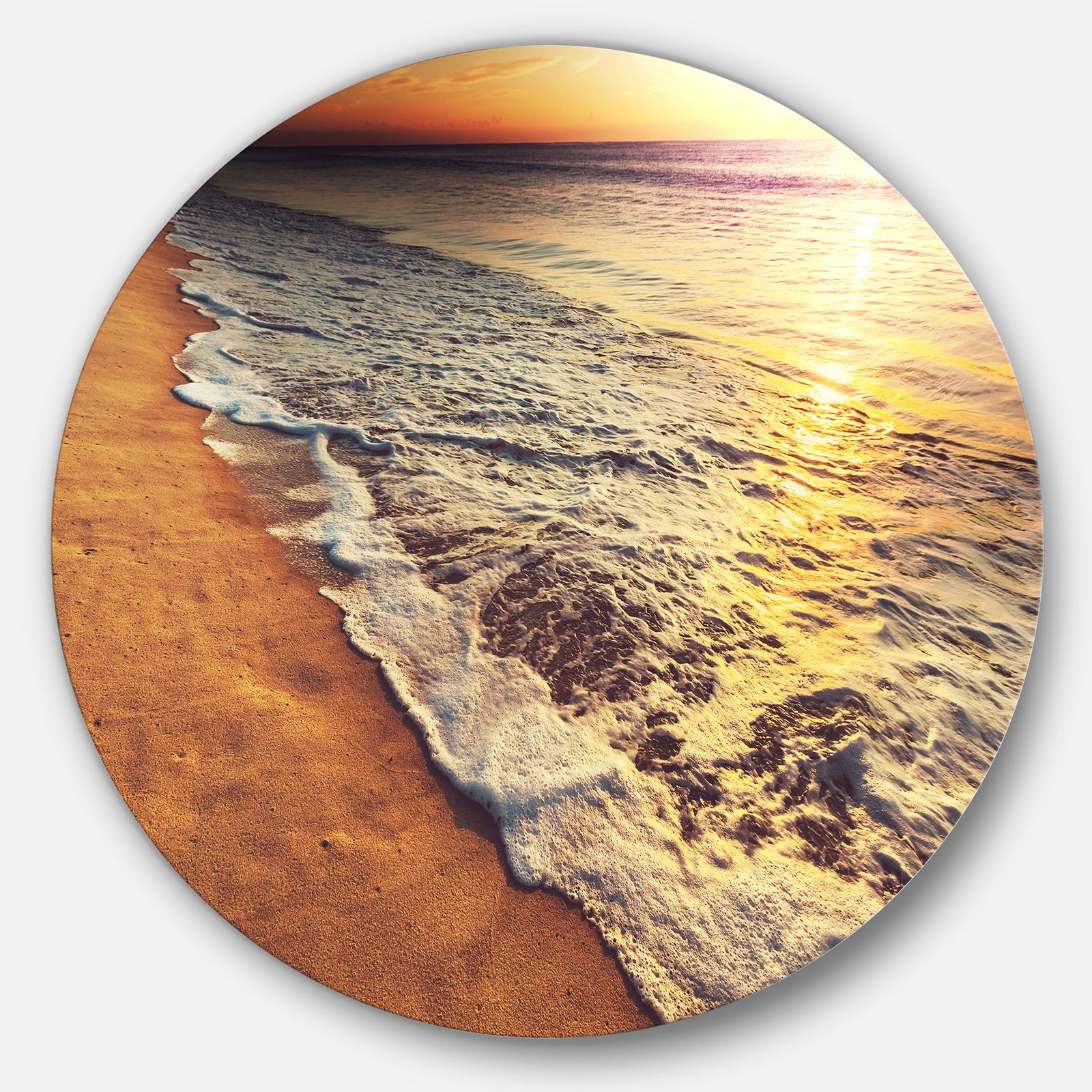 Foaming Waves at Sea Sunset - Modern Beach Round Metal Wall Art