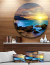 Bright Yellow Sun over Blue Waters - Modern Beach Disc Metal Wall Art