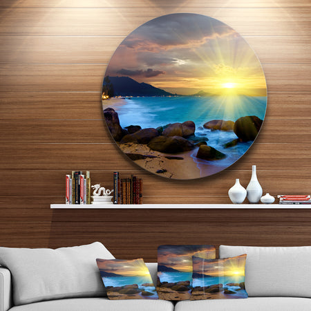 Bright Yellow Sun over Blue Waters - Modern Beach Disc Metal Wall Art