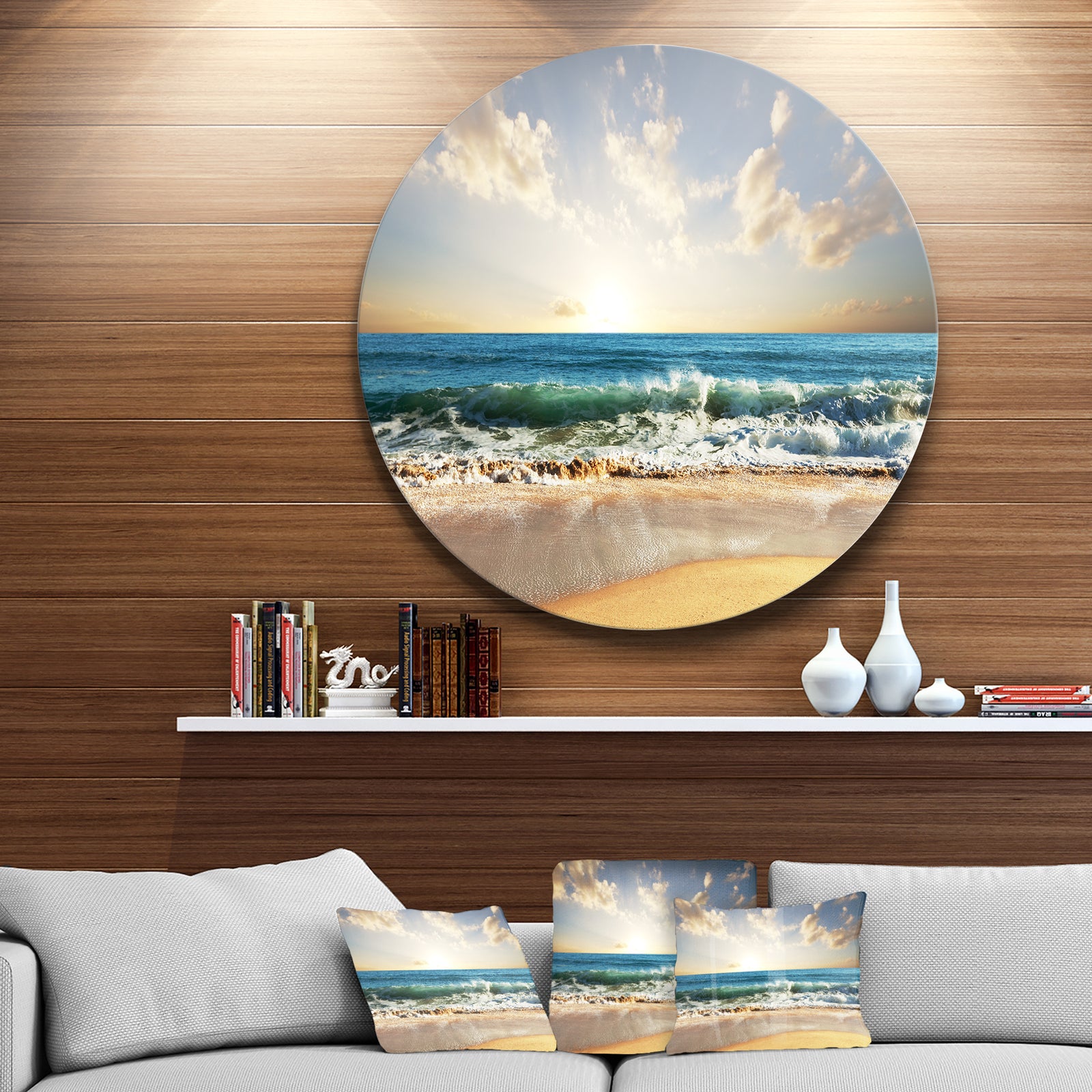 Cloudy Sky and Vibrant Blue Sea - Seashore Circle Metal Artwork
