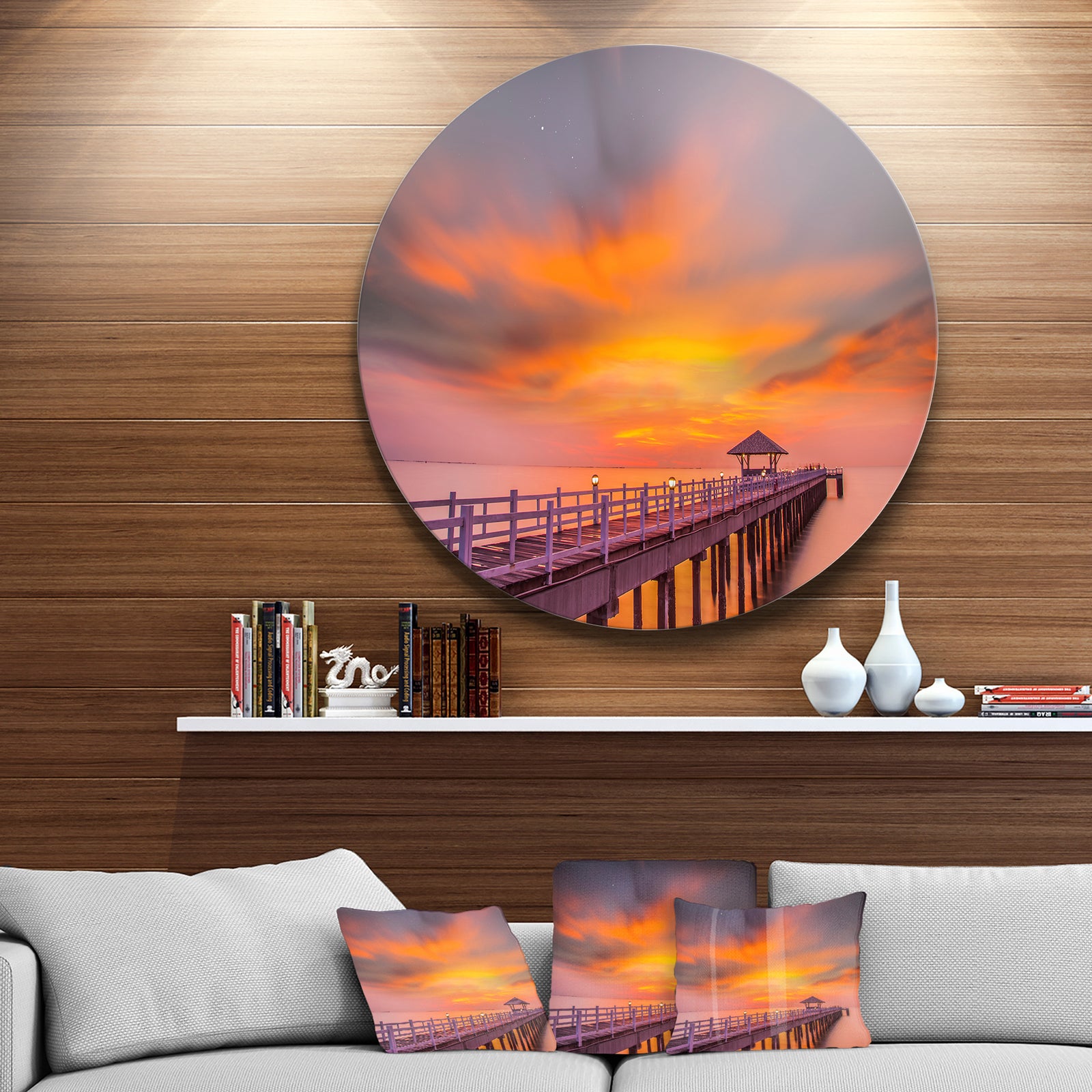 Seashore with Long Wooden Pier - Sea Pier and Bridge Round Metal Wall Art