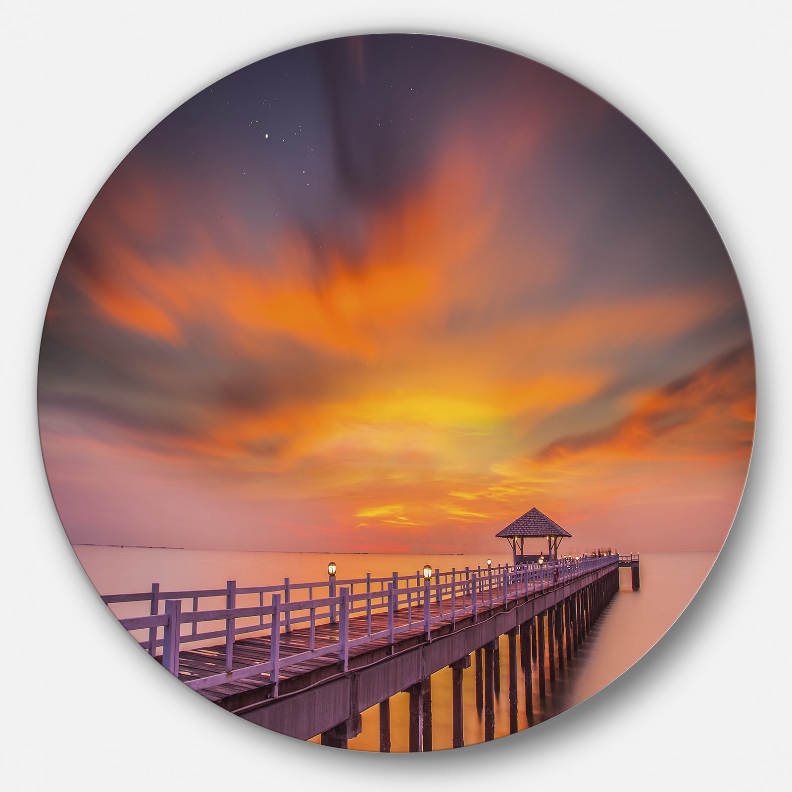 Seashore with Long Wooden Pier - Sea Pier and Bridge Round Metal Wall Art