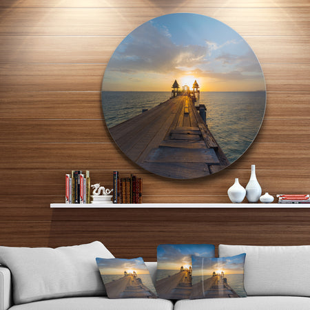 Huge Wooden Pier into Setting Sun - Sea Pier and Bridge Round Metal Wall Art