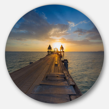 Huge Wooden Pier into Setting Sun - Sea Pier and Bridge Round Metal Wall Art