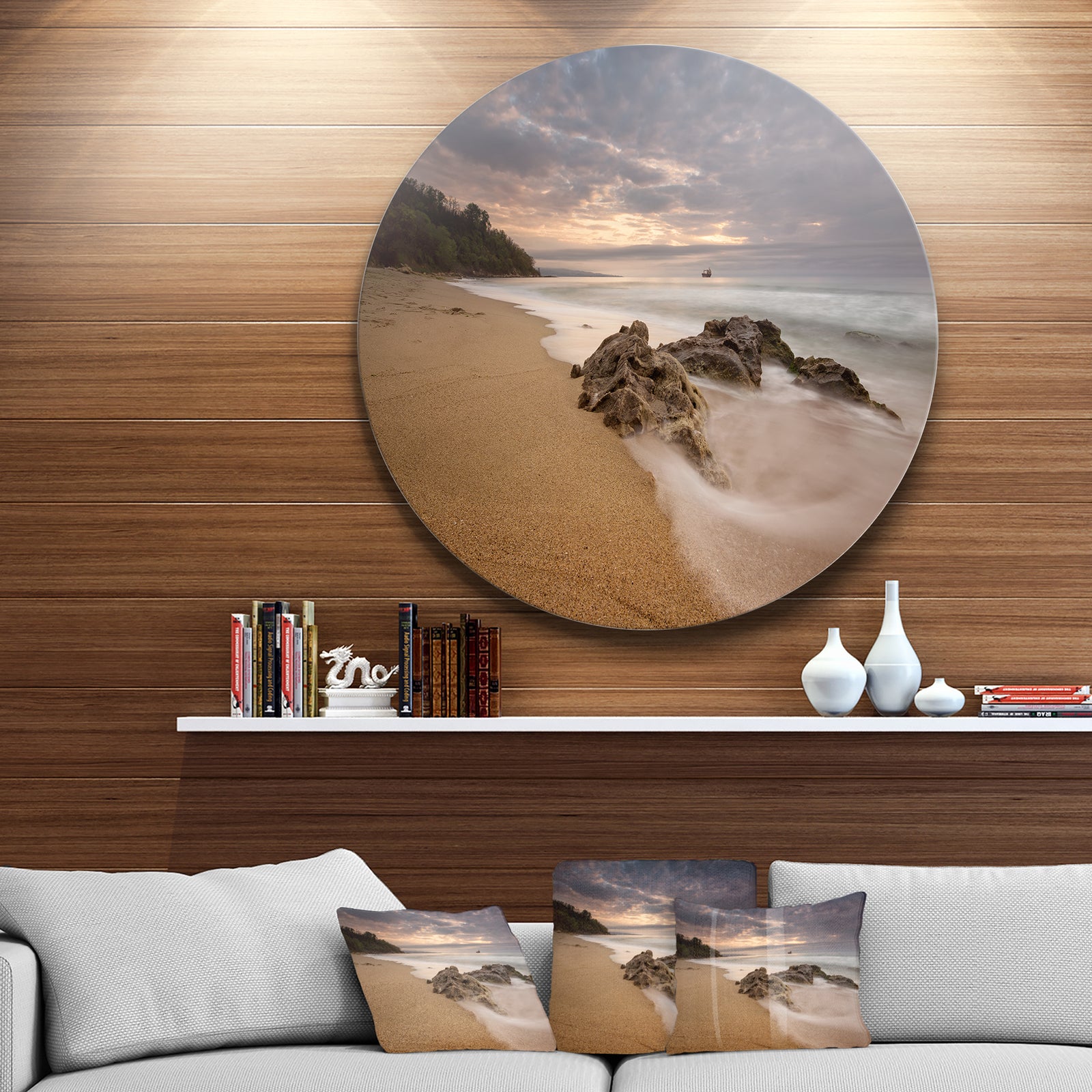 Peaceful Seashore with White Waves - Beach Large Disc Metal Wall art