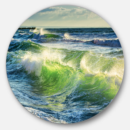 Sunrise and Shining Waves in Ocean - Beach Round Wall Art