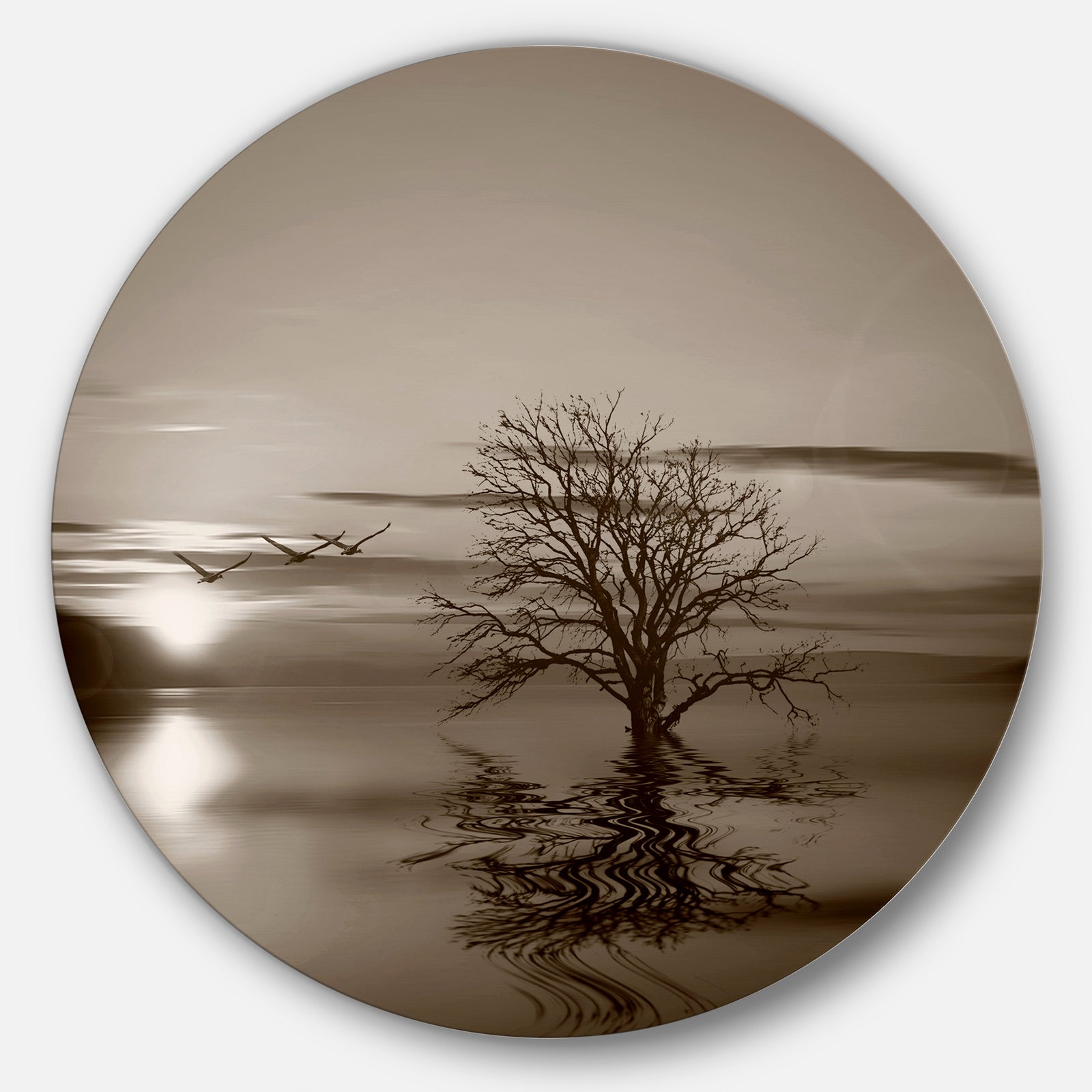 Flying Birds and Lonely Tree - Round Wall Art Landscape