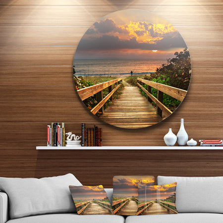 Long Wooden Stairs into the Sea - Sea Bridge Disc Metal Artwork