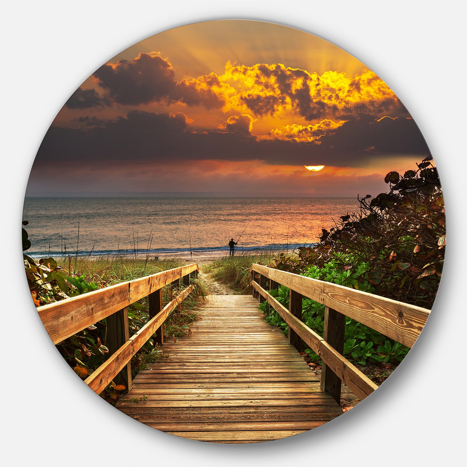 Long Wooden Stairs into the Sea - Sea Bridge Disc Metal Artwork