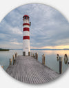 Lighthouse at Lake Neusiedl at Sunset - Sea Bridge Round Wall Art