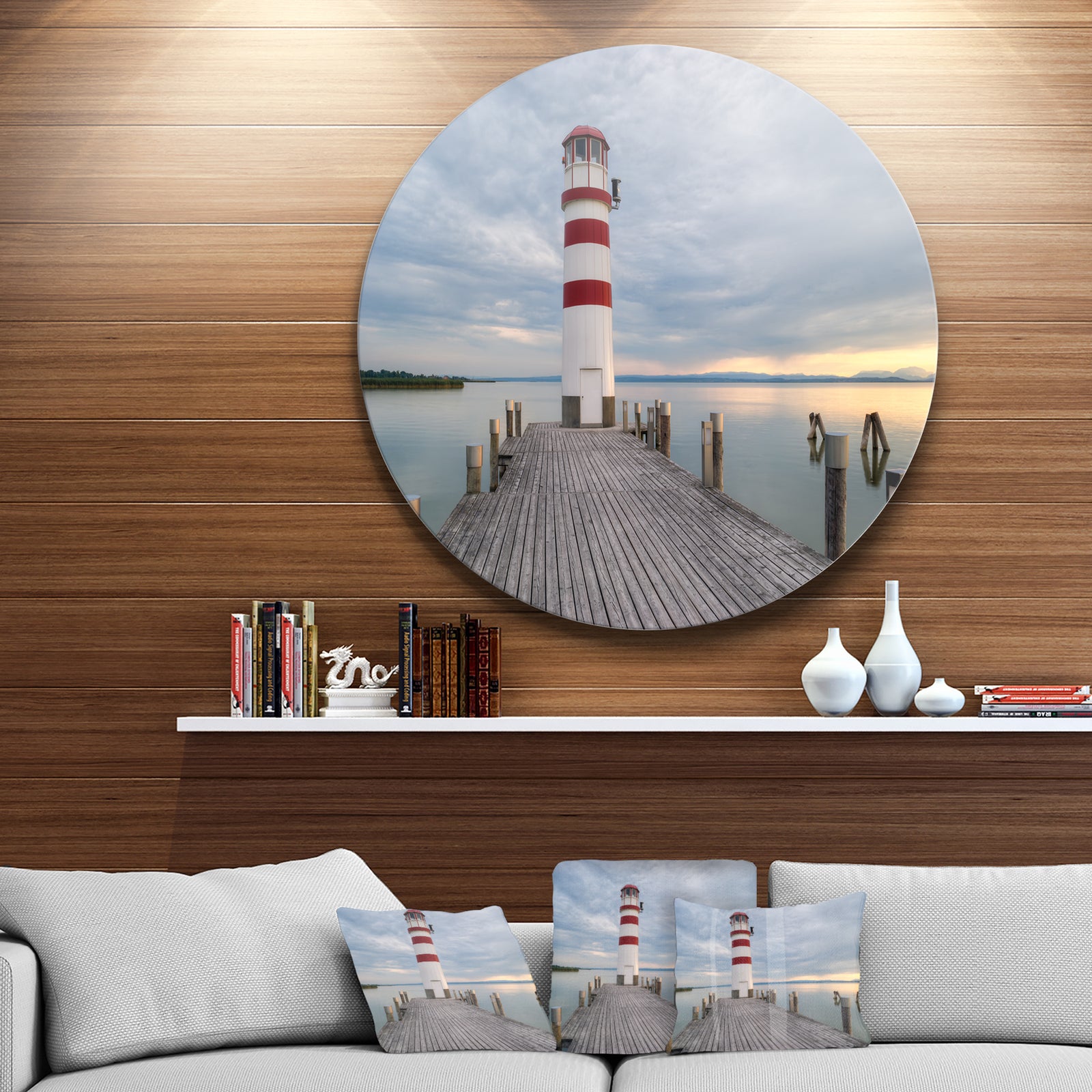 Lighthouse at Lake Neusiedl at Sunset - Sea Bridge Round Wall Art