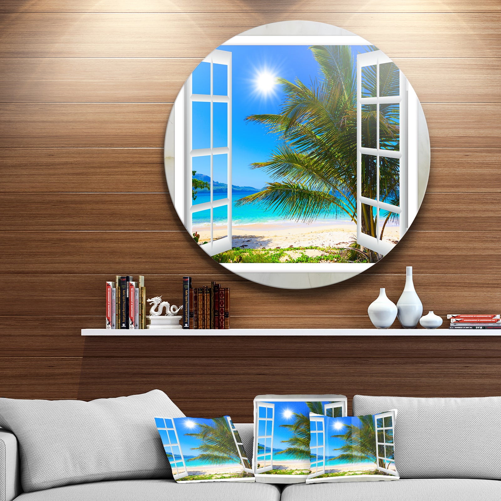 Window Open to Beach with Palm - Seashore Round Wall Art