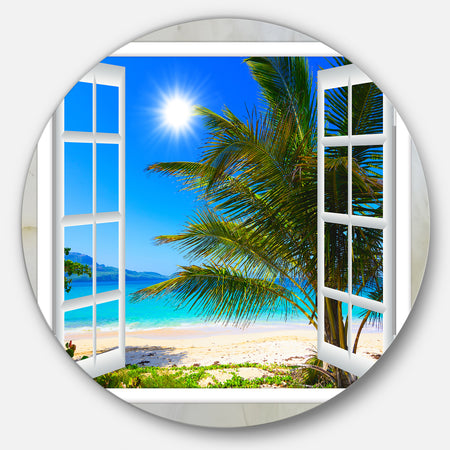 Window Open to Beach with Palm - Seashore Round Wall Art