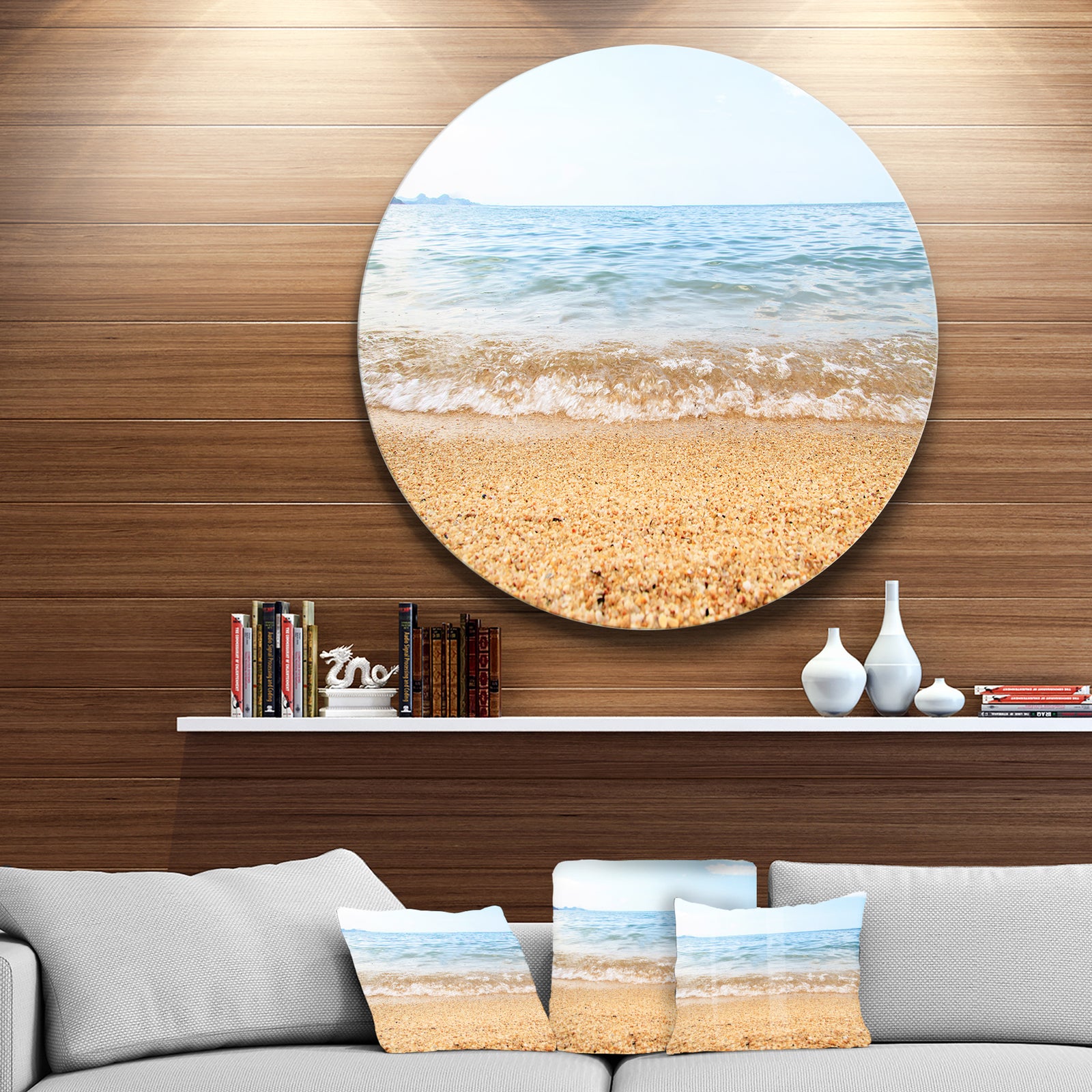Blue Seashore with Pebble Stones - Modern Seascape Circle Wall Art