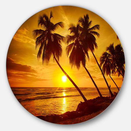 Beach Sunset in Island Barbados - Modern Seascape Round Metal Wall Art