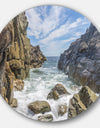 Sea Waves Hitting Rocky Shore - Modern Seascape Round Metal Wall Art