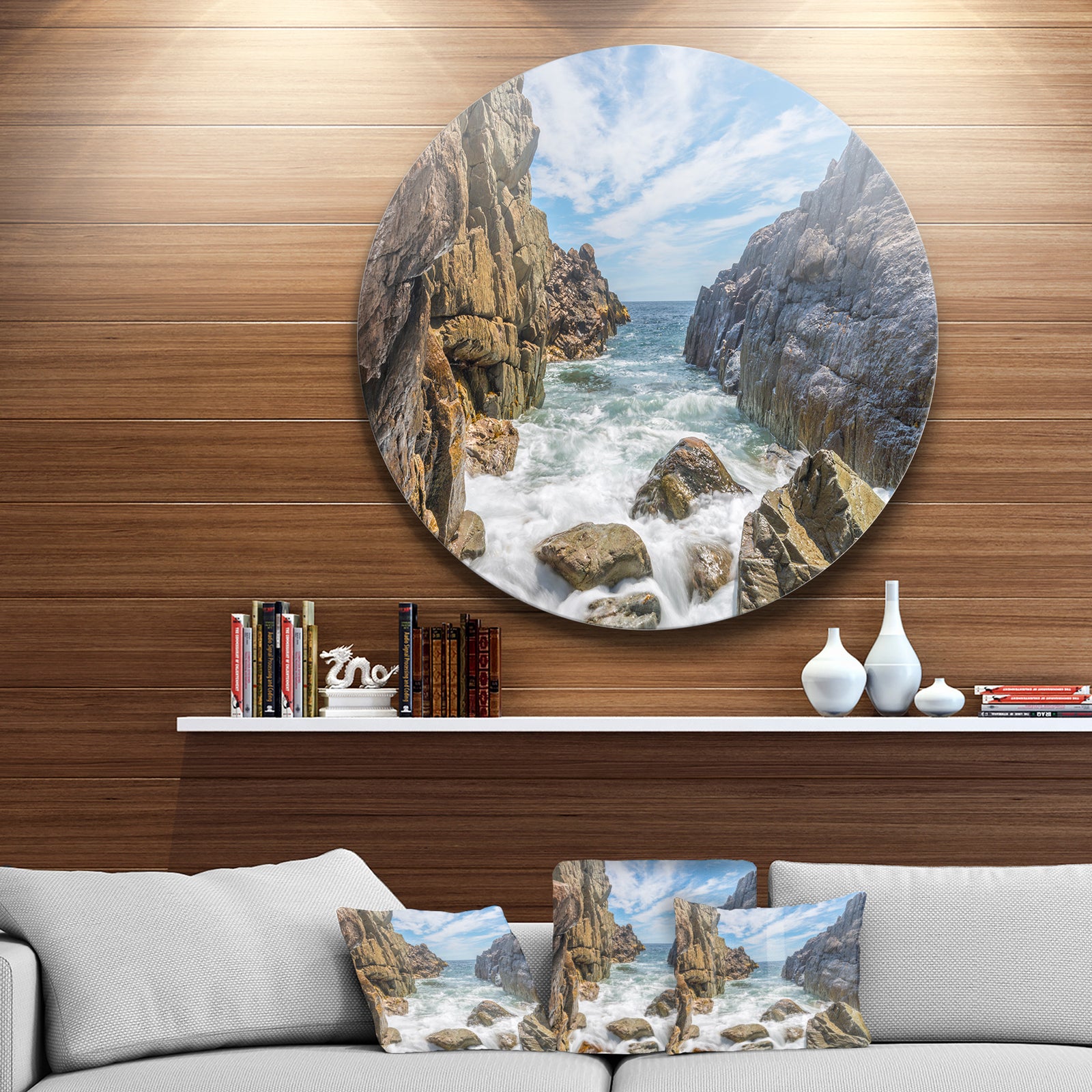Sea Waves Hitting Rocky Shore - Modern Seascape Round Metal Wall Art