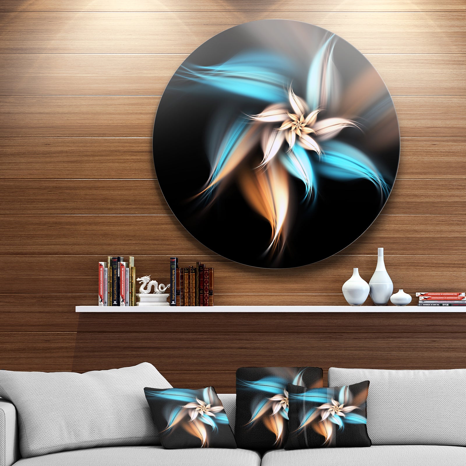 Blue Brown Digital Art Fractal Flower - Floral Large Circle Metal Wall art