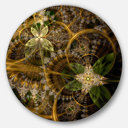 Green Gold Digital Art Fractal Flower - Floral Round Metal Wall Art