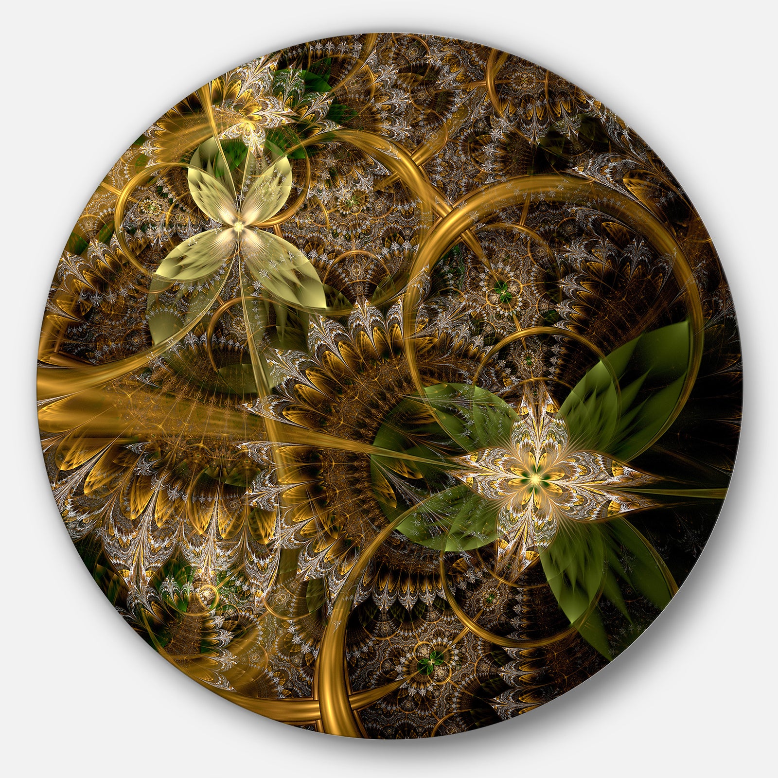 Green Gold Digital Art Fractal Flower - Floral Round Metal Wall Art