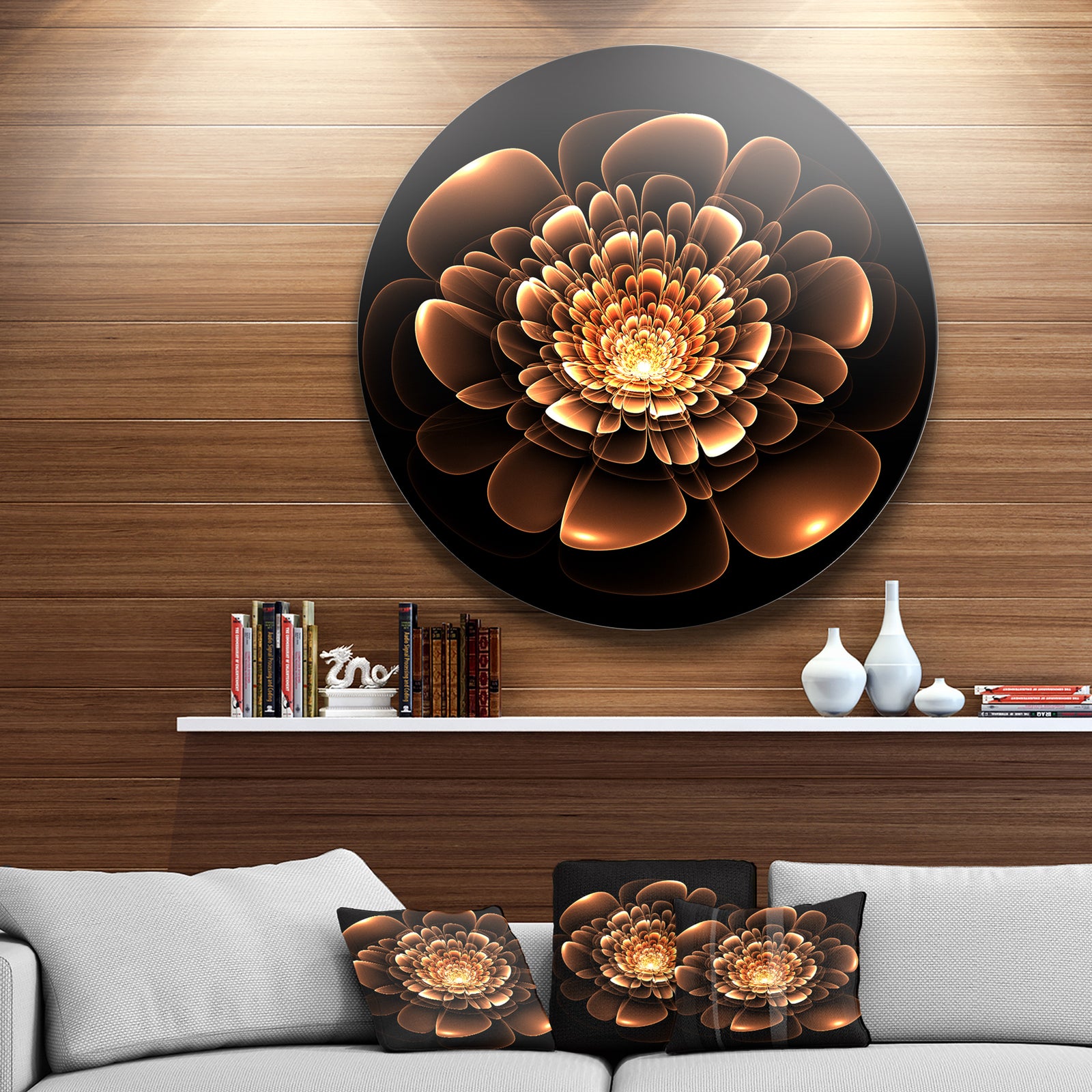 Glittering Brown Yellow Fractal Flower - Floral Disc Metal Wall Art