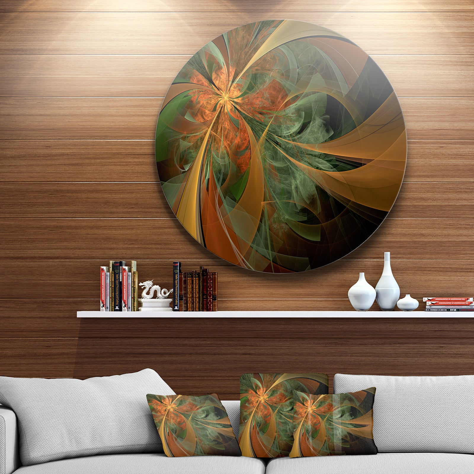 Symmetrical Orange Digital Fractal Flower - Modern Floral Disc Metal Artwork