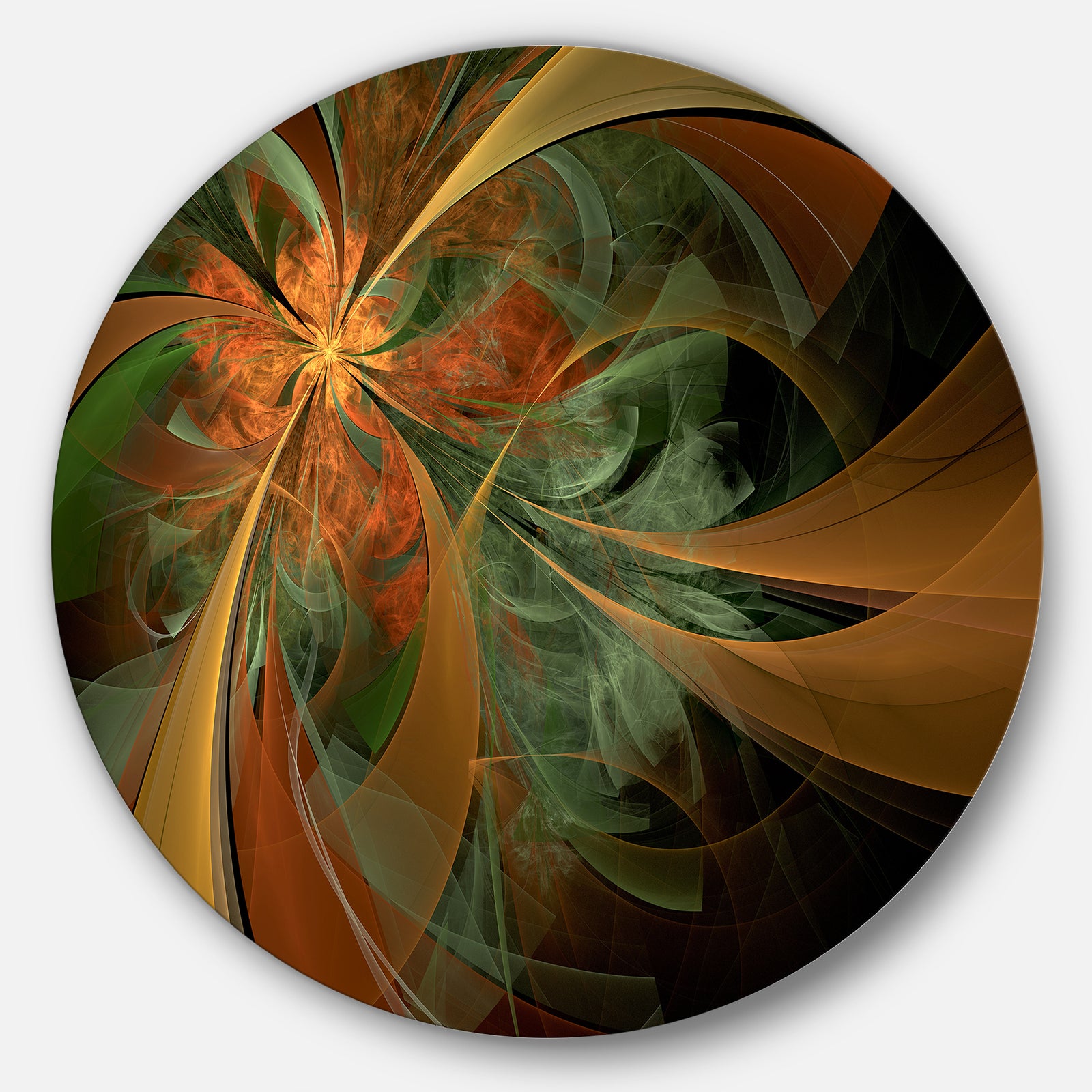 Symmetrical Orange Digital Fractal Flower - Modern Floral Disc Metal Artwork